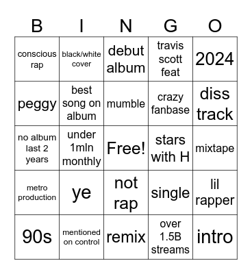 rap hip hop Bingo Card