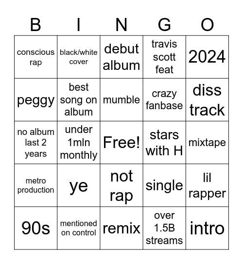 rap hip hop Bingo Card