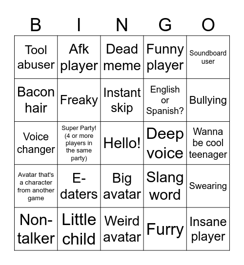 Roblox Neighbors VC Bingo Card