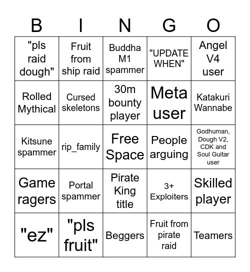 Blox Fruits Bingo Card