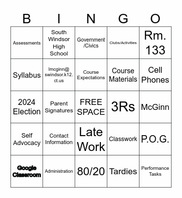 McGinn, Rm 133 Open House BINGO Card