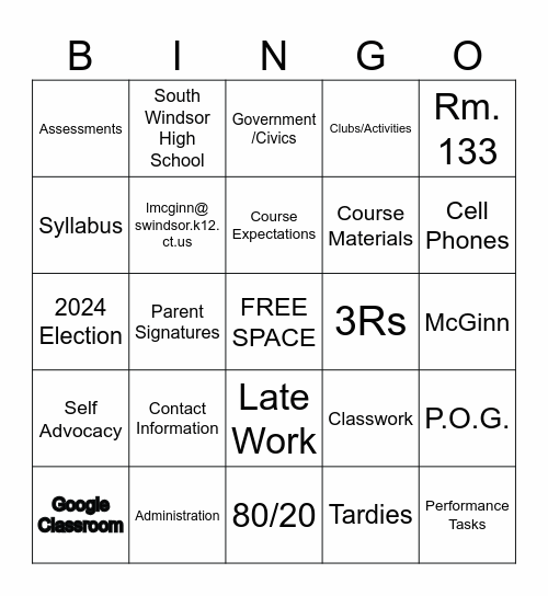 McGinn, Rm 133 Open House BINGO Card