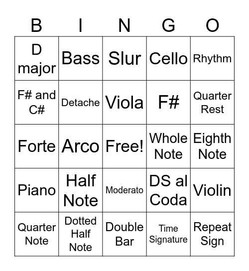 String Ensemble Bingo Card