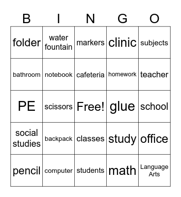 School Words Bingo Card