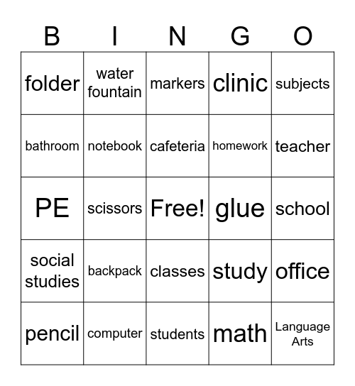School Words Bingo Card