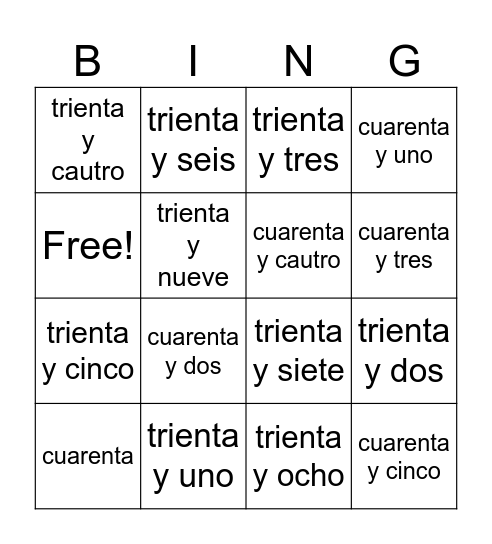 numbers Bingo Card