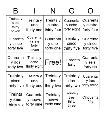 Numbers 31-50 bingo card Bingo Card