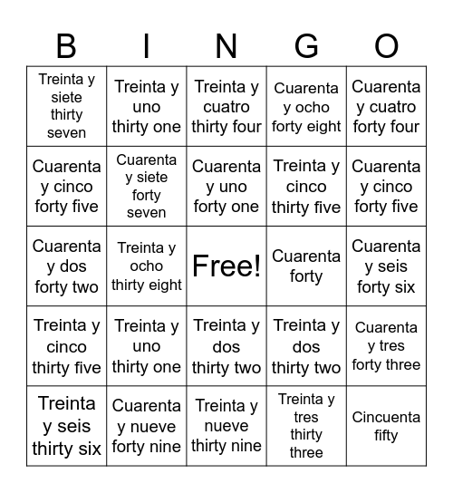 Numbers 31-50 bingo card Bingo Card