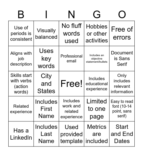 Resume Bingo Card