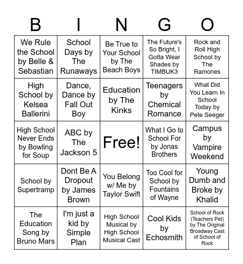 Back to School Bingo Card