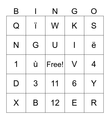 Alphabet Français avec accents et chiffres Bingo Card