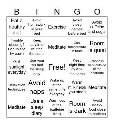 Good Sleep Hygiene Bingo Card