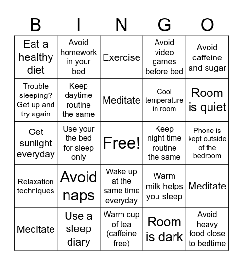 Good Sleep Hygiene Bingo Card