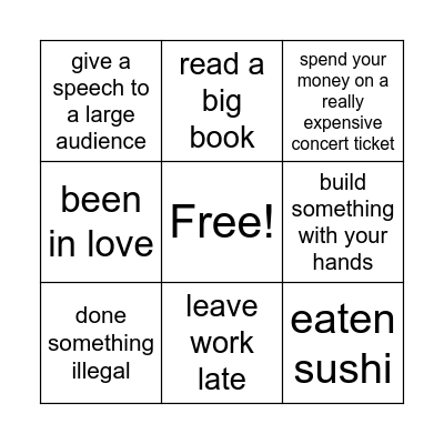 Experiences Bingo Card