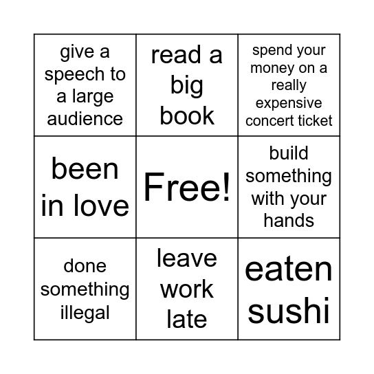 Experiences Bingo Card