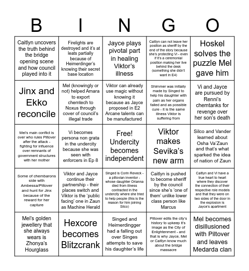 Arcane Season 2 Bingo Card