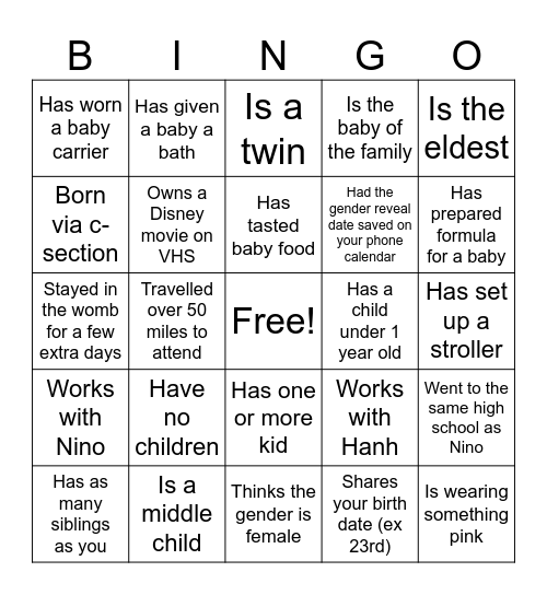 Baby Bingo Card