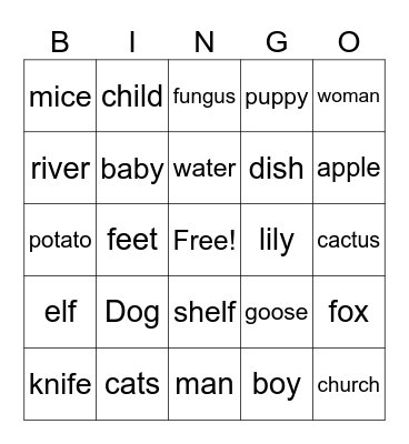 Plurals Bingo Card