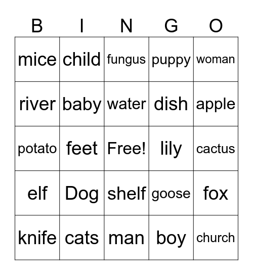 Plurals Bingo Card