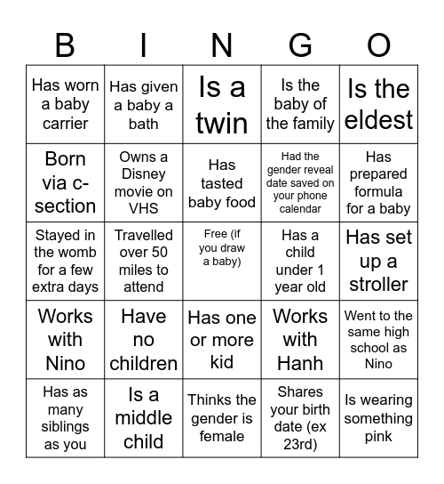 Baby Bingo Card