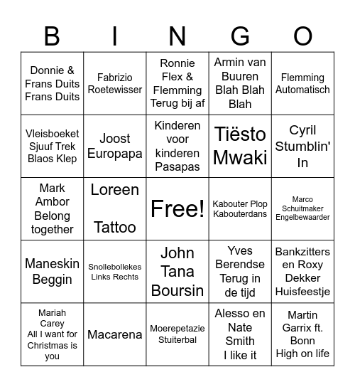 Muziek Bingo Kamp Groep 6 Bingo Card