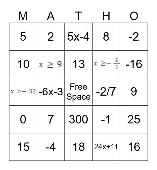 Equations Math BINGO Card