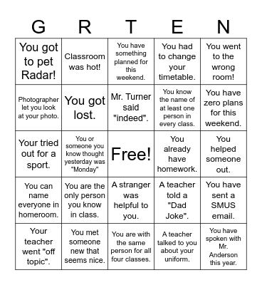 Grade 10 SMUS Bingo! Bingo Card
