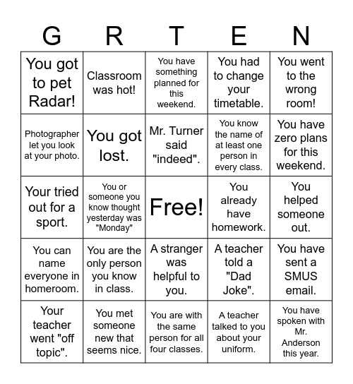 Grade 10 SMUS Bingo! Bingo Card