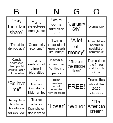 Presidential Debate Bingo Card