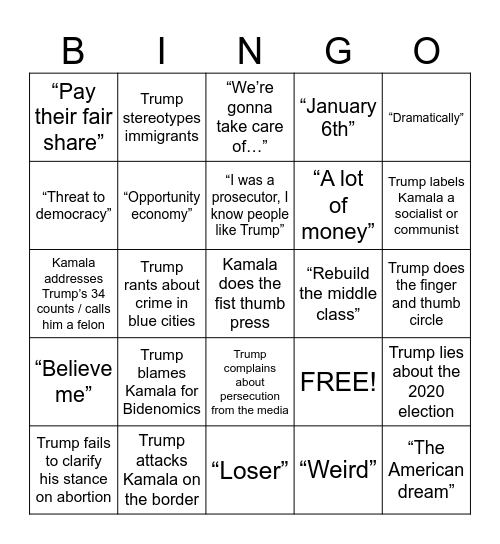 Presidential Debate Bingo Card