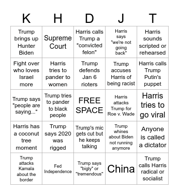 2024 Harris v. Trump Debate Bingo Card