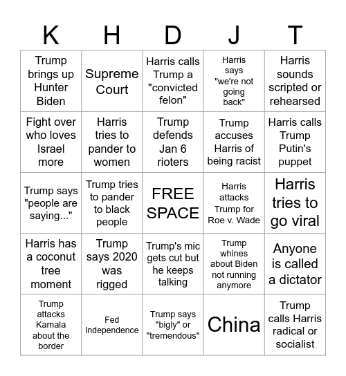 2024 Harris v. Trump Debate Bingo Card