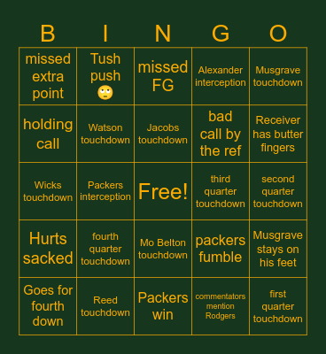 Packers Week 1 Bingo Card