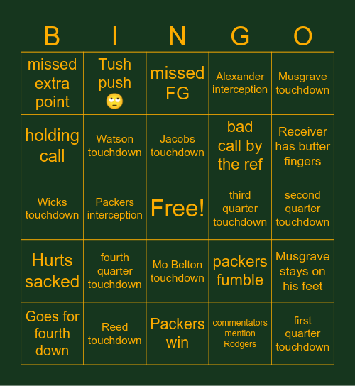 Packers Week 1 Bingo Card