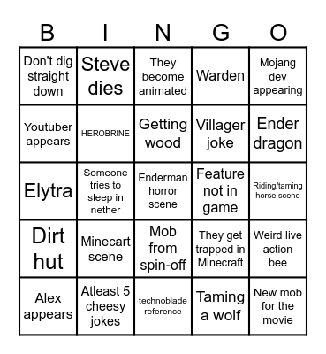 Minecraft movie Bingo Card