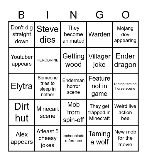 Minecraft movie Bingo Card