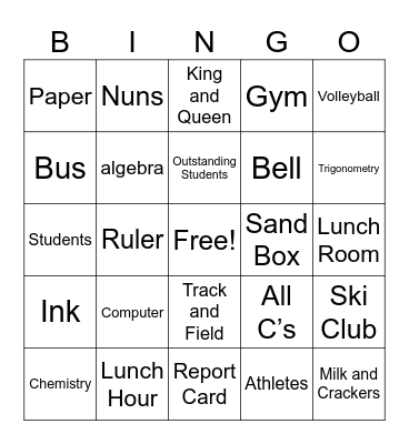 Back To School Bingo Card