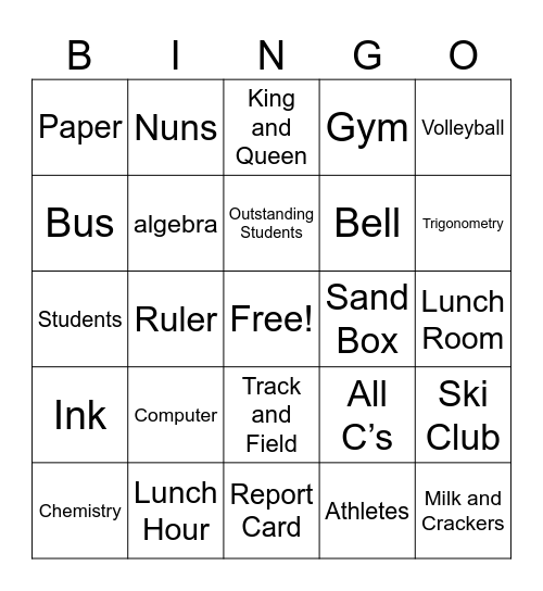 Back To School Bingo Card