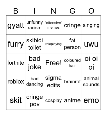 cringe bingo Card