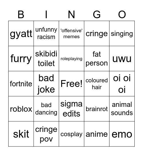 cringe bingo Card