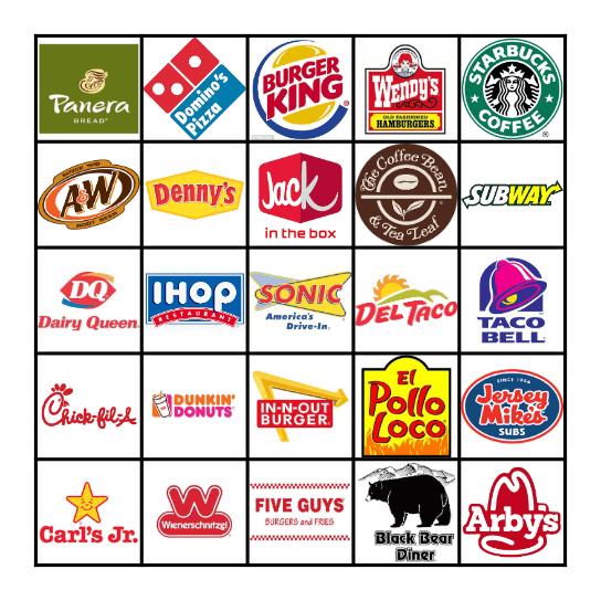 FAST FOOD BINGO Card