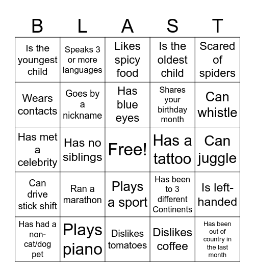 Blastworks Icebreaker Bingo Card
