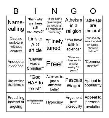 Shitty Theist Bingo Card