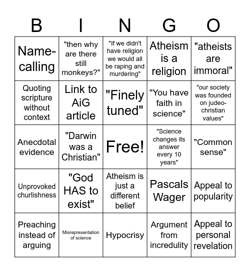 Shitty Theist Bingo Card