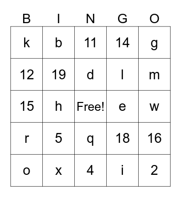 Numbers and letters Bingo Card