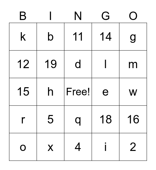 Numbers and letters Bingo Card