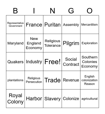 Exploration and Colonization Bingo Card