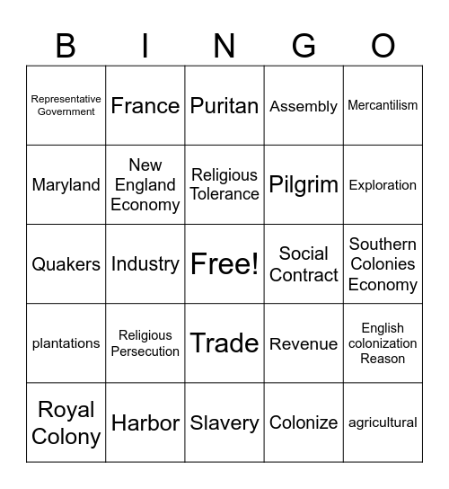 Exploration and Colonization Bingo Card