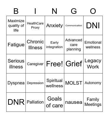 Palliative Care Bingo Card