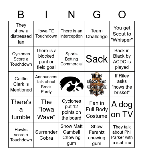 Cy-Hawk Game Bingo Card